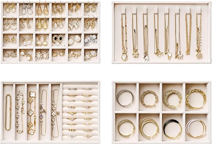 Velvet Jewelry Drawer Organizer Trays – 4-Layer Stackable Jewelry Storage Inserts Set, Beige Jewelry Tray Set for Earrings, R