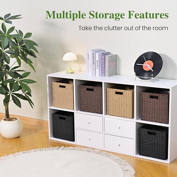 Woven Wicker Storage Baskets 2-Pack, 11x11 Handwoven Paper Rope Organizer Bins, Foldable Cube Storage Cubes with Built-in Han