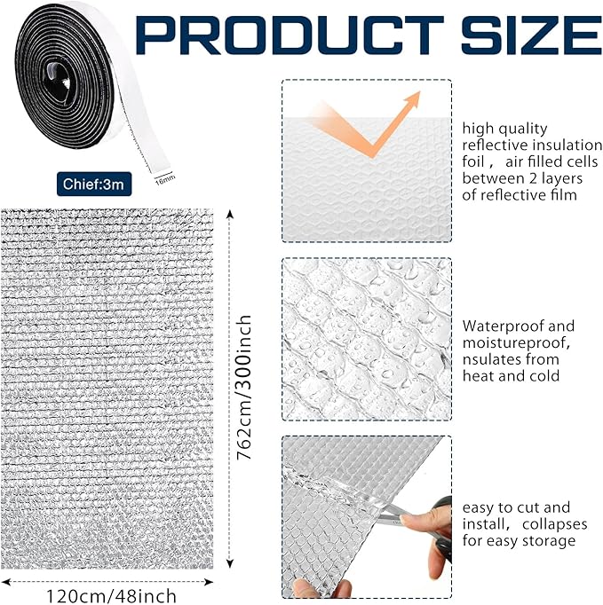 Frienda Rv Window Reflective Insulation Roll 47.2inch*50ft Double Aluminum Foil Heat Bubble Thermal Window Shade Door Cover Blackout for Garage Roof Travel Camper Skylight Shield