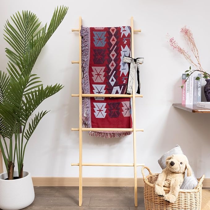 5-Tier Blanket Ladder – 4.8 Ft Wall Leaning Quilt Rack, Farmhouse Blanket Storage for Living Room, Bedroom & Bathroom – Rusti