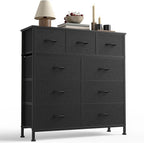 DUMOS 9 Drawer Dresser for Bedroom, Fabric Storage Organizer with Sturdy Metal Frame, Wooden Top Chest of Drawers for Closet 