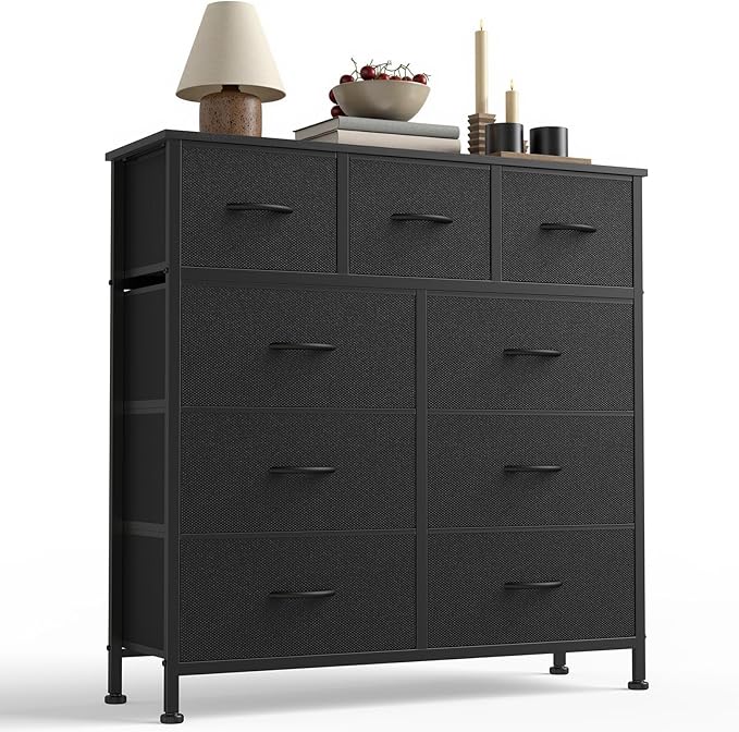 DUMOS 9 Drawer Dresser for Bedroom, Fabric Storage Organizer with Sturdy Metal Frame, Wooden Top Chest of Drawers for Closet 