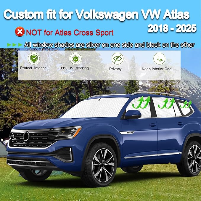 KMF 8pcs Thicken Car Sun Shades for Volkswagen VW Atlas (NOT Cross Sport) 2018-2025 Accessories, Full Car Window Covers Sunshade for Windshield Side Rear, UV Block and Privacy for Camping Outdoor