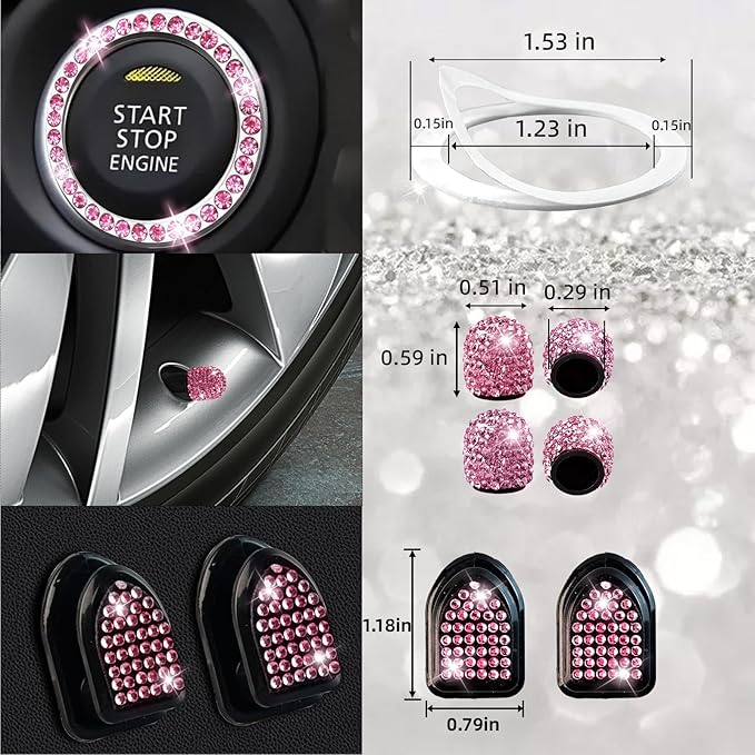 NBTEPEM 30 Pcs Pink Bling Car Accessories Set for Women, Pink Steering Wheel Cover Set, Bling Console Cover, Seat Belt Cushion, Shift Knob Cushion, Cup Coaster, Rhinestone Car Hanging Accessories