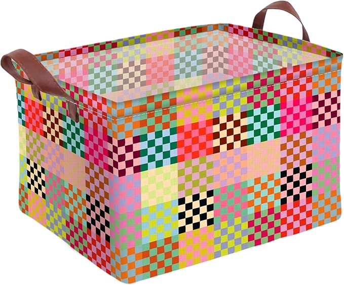 Colorful Checkered Storage Basket Waterproof Canvas Toy Storage Bin Checkered Home Decor Collapsible Outdoor Basket with Leat
