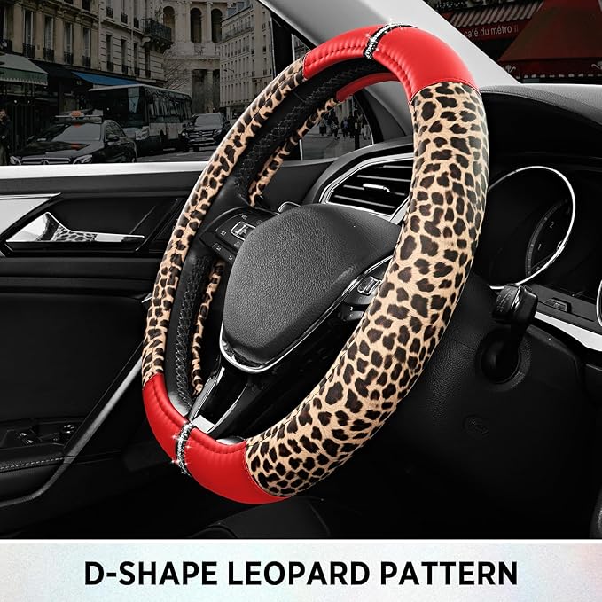 Road Comforts Leopard Steering Wheel Cover for Women, Cute Anti-Slip Microfiber Leather, Fits D Shape Flat Bottom Steering Wh