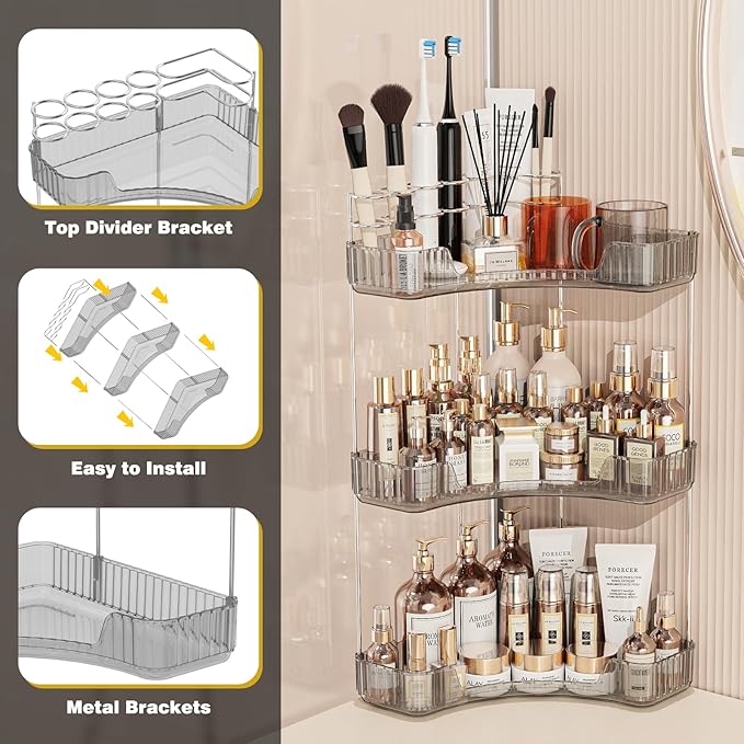 Asayuee 3-Tier Corner Bathroom Counter Organizer with Top Toothbrush Holders,Large Makeup Organizer Countertop with Brush Hol