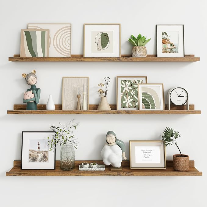 Axeman 48 Inch Floating Shelves | Brown Picture Ledge Shelf Set of 3 | Rustic Brown Wood Wall Shelves with Lip | 48" Picture 