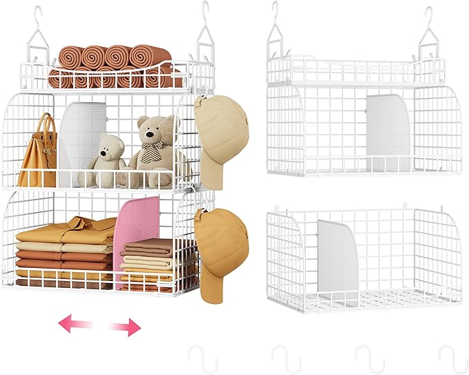 SWTYMIKI Hanging Closet Organizer Storage - 3 Tier Metal Stackable Hanging Closet Shelves with Dividers and S Hooks, Foldable