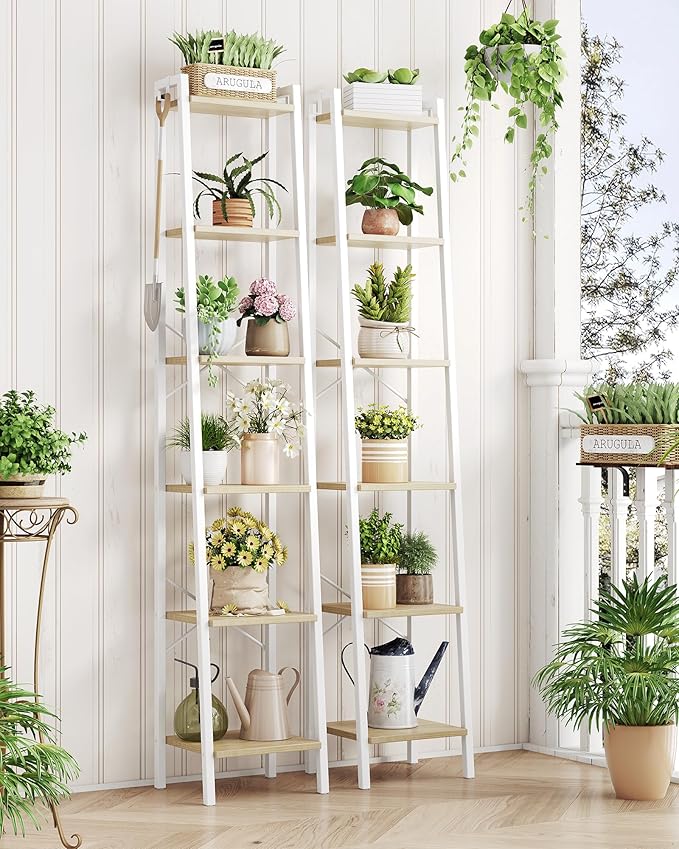 Hzuaneri Ladder Shelf, Bookshelf Bookcase, Freestanding Corner Storage Shelve with 2 Hooks for Home Office, Living Room, Kitc