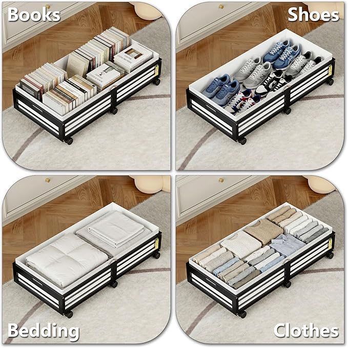 Under Bed Storage Containers with Wheels, Larger Bamboo Wood Under Furniture Storage Containers with Dust Bags，Rolling for Sh