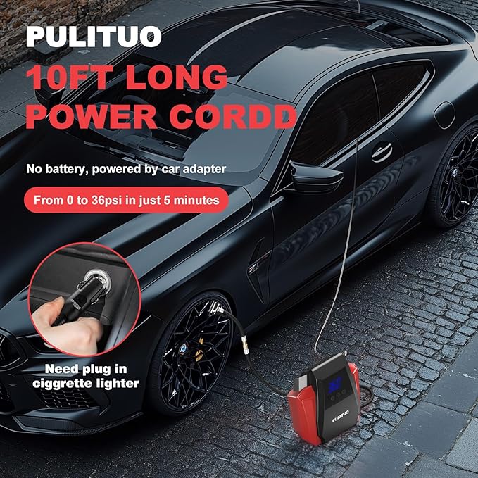 PULITUO Tire Inflator Portable Air Compressor - Car Accessories 12V DC Air Pump for Car Tires with Digital Pressure Gauge, Emergency LED Light for Wheel,Bike, Ball, Motor