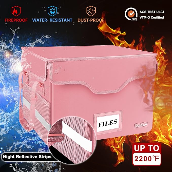 DocSafe Fireproof Document Box with Lock,File Storage Organizer with Zipper Pockets,Collapsible Portable File Box Home Office
