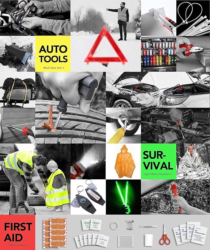 Kitgo Car Emergency Kit,Premium Roadside Assistance Essentials with Jumper Cables, Flashlight, Shovel, Screwdriver Set - Idea