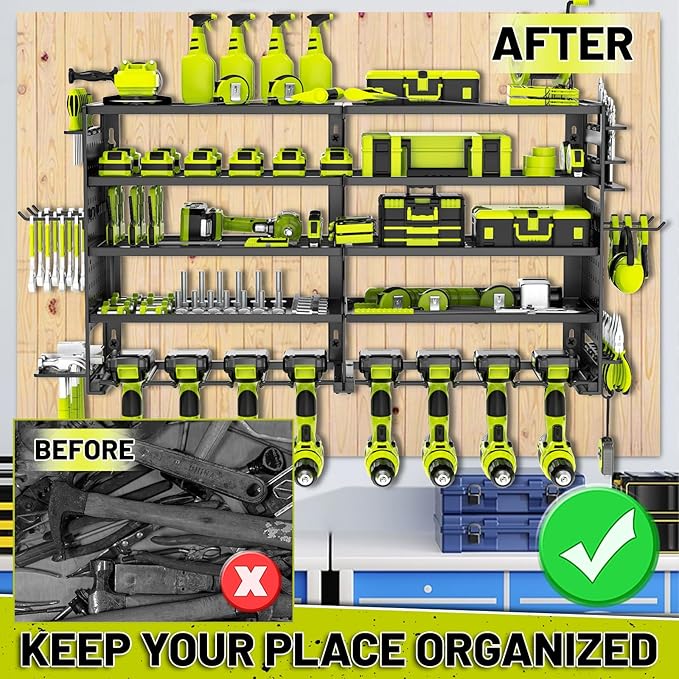 5 Layers Power Tool Organizer Wall Mount, Metal Cordless Tool Hanger Storage Rack Holder with 8 Drill Holders, Heavy Duty Gar