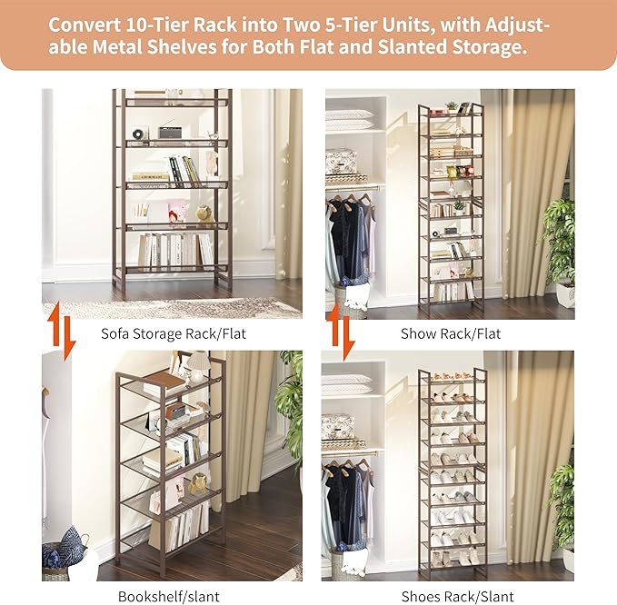 10 Tier Shoe Rack, Tall Metal Shoe Storage with Adjustable Shelves, Holds 20-25 Pairs, Stackable Shoe Stand for Garage Hallwa