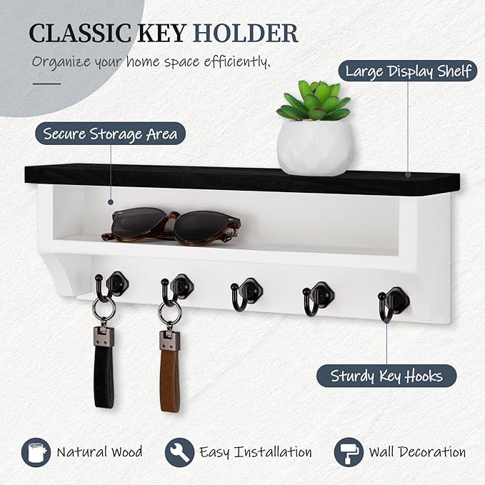 Nekon Key Holder Wall Mount, Wall Organizer Shelf with 5 Key Hooks, Room Decor for Home and Apartment Essentials, Black and W