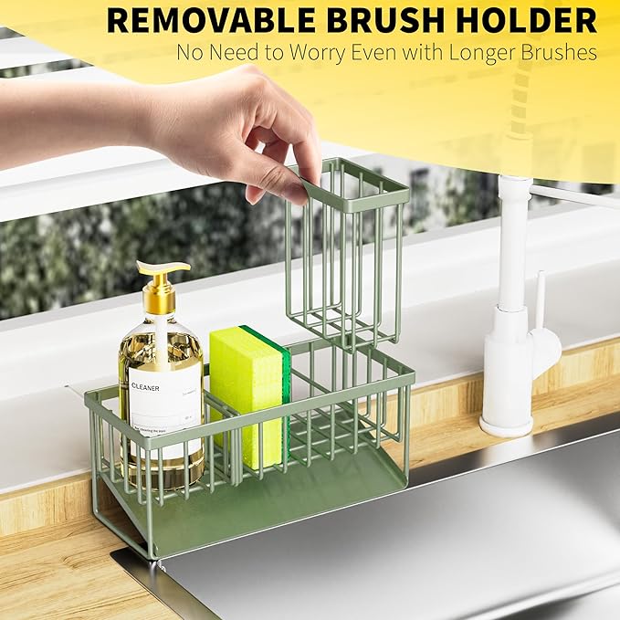 Cisily Kitchen Sink Caddy, Sponge Holder for Kitchen Sink, Kitchen Sink Organzier and Storage with High Brush Holder, 304 Sta