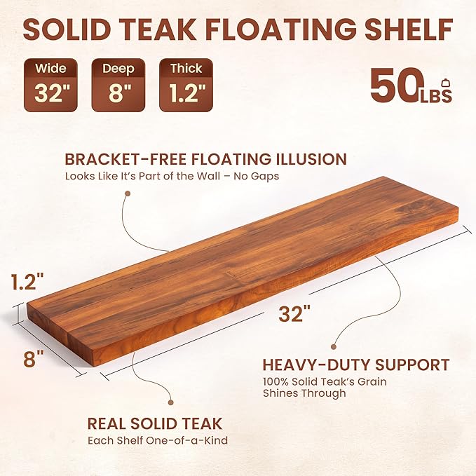 Teak Floating Shelves Set of 2-32 Inch Natural Waterproof Wood Wall Shelves with Invisible Brackets for Bathroom, Kitchen, Ba