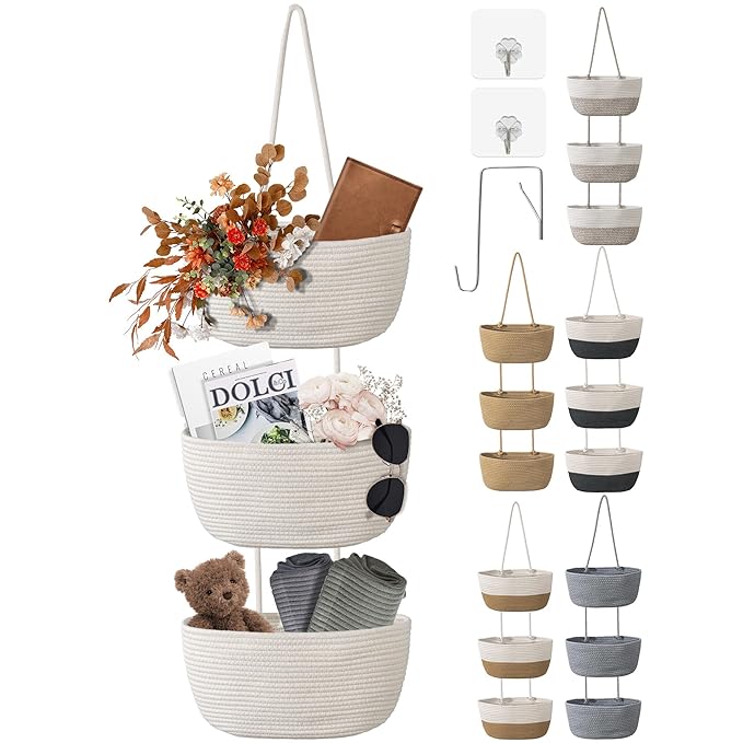 3 Tier Wall Mounted Woven Hanging Basket, Over the Door Hanging Basket with Hooks, Decorative Storage Hanging Closet Removabl