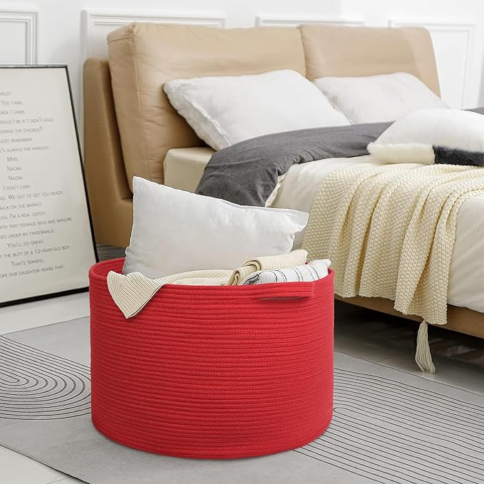 MEGASKET Extra Large Red Basket for Organizing, 22" X 22" X 14" Woven Cotton Rope Bins for Blankets, Baby Nursery Wicker Laun