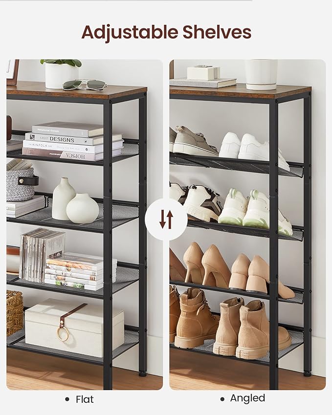 VASAGLE Shoe Rack for Entryway, 5-Tier Shoe Rack Organizer with Storage Shelves and Spacious Top, Freestanding, Adjustable, I