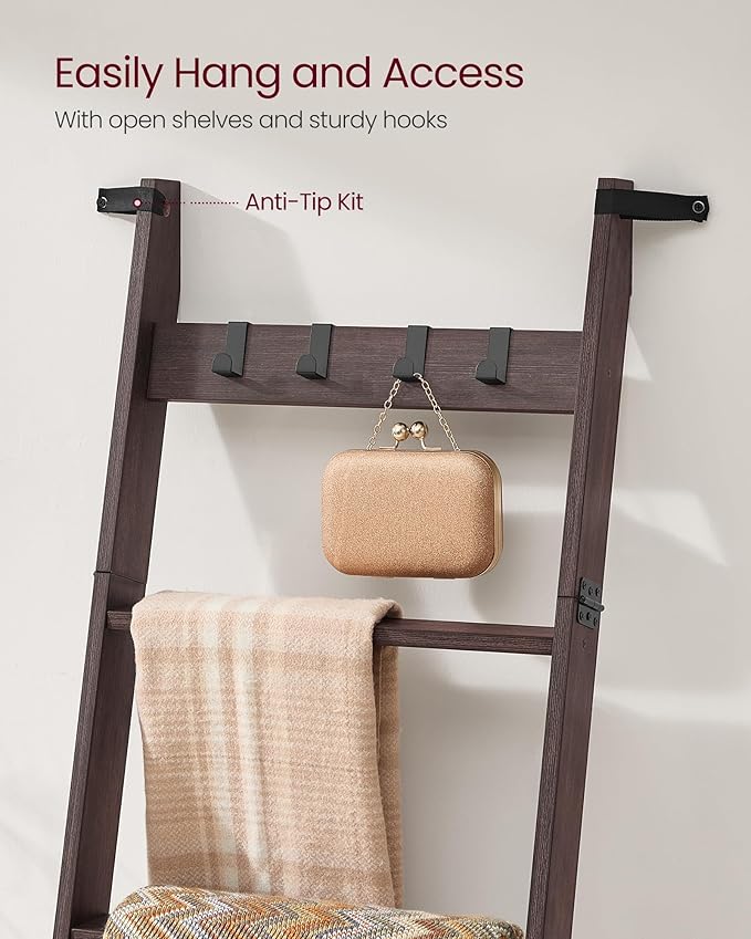 VASAGLE Blanket Ladder Shelf, 6-Tier Ladder Rack for Storage and Decor with 4 Removable Hooks, Decorative Farmhouse for The L
