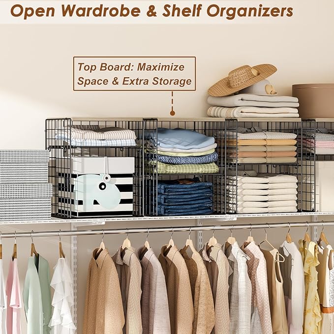4-Tier Stackable Closet Organizers and Storage, Adjustable Dividers & Wood Top Storage Shelves for Clothes, Wardrobe & Closet