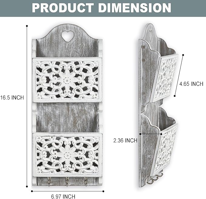 Key and Mail Holder for Wall Mail Holder for Wall, 2-Slot Mails Organizer with 3 Hooks, Key Hangers Rustic Wooden Walls Organ