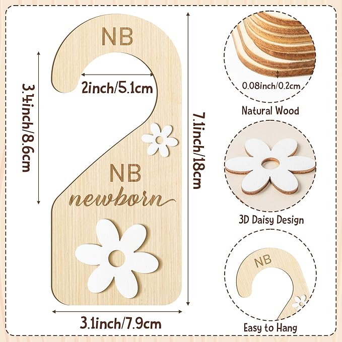 R HORSE Wooden Baby Closet Dividers - 8Pcs Double-Sided 3D Daisy Nursery Closet Organizer Baby Clothes Size Hanger Dividers N