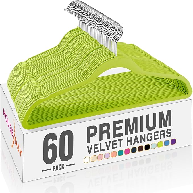 HOUSE DAY Vibrant Green Velvet Hangers 60 Pack, Non Slip Clothes Felt Hanger Heavy Duty for Coat, Premium Slim Space Saving S