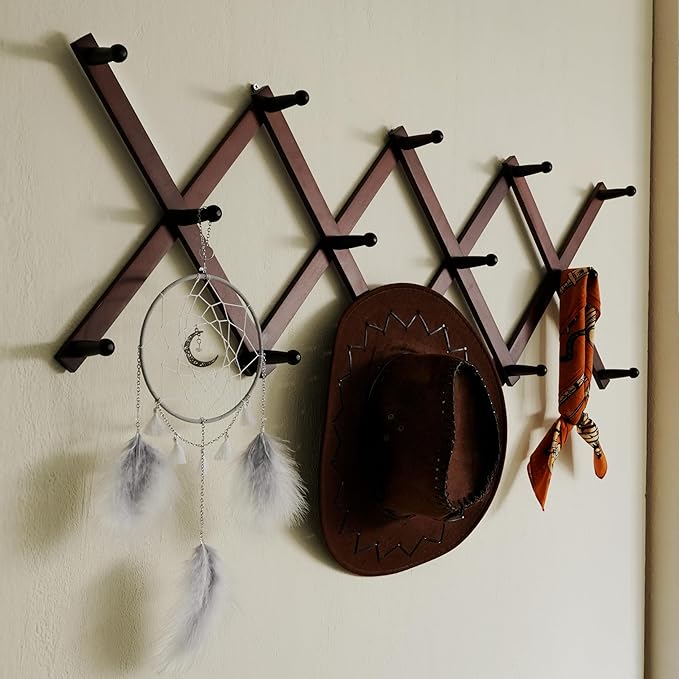 SKOLOO Hat Rack for Wall with 14 Hooks, Solid Wooden, Modern, Expandable Coat Rack Wall Mount for Coats, Hats, Bags, Baseball