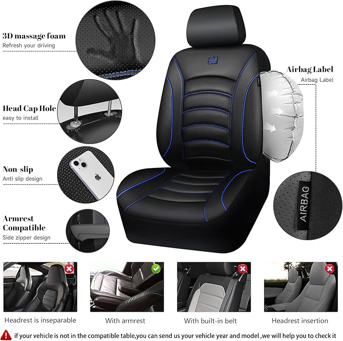 CAR PASS 3D Foam PU Leather Car Seat Covers, Universal Seat Covers Front 2 for Trucks SUV Sedan Automotive Seat Covers Armres