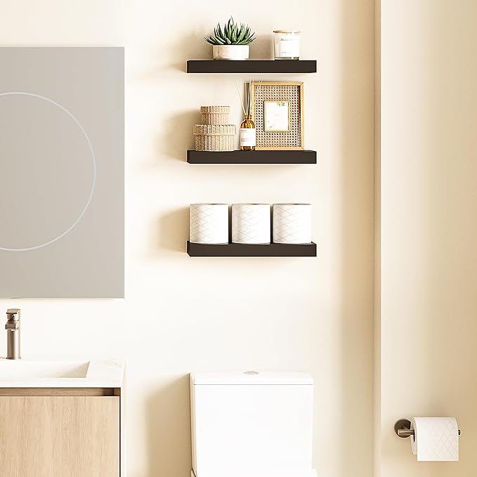 Ballucci Floating Shelves, 16" Wood Wall Shelf Set of 3, Invisible Brackets Floating Shelf for Wall Decor Living Room, Bathro