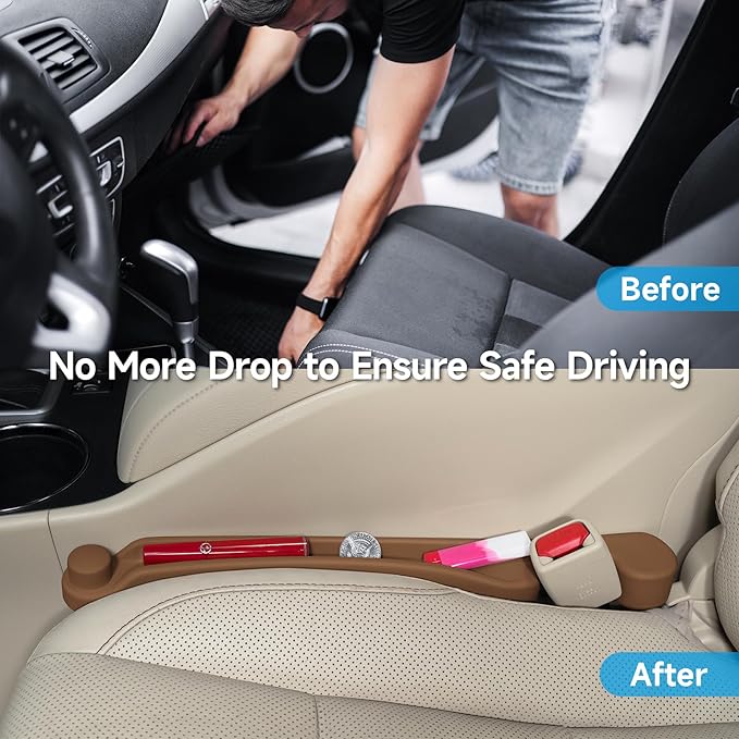 Car Seat Gap Filler Set of 2, 3IN1 Seat Side Gap Filler Plug with Storage Slot & Hook Function, Soft Foam Universal Fit Car SUV Truck Fill Gap Between Seats Console Organizer（Narrow Saddle Brown ）