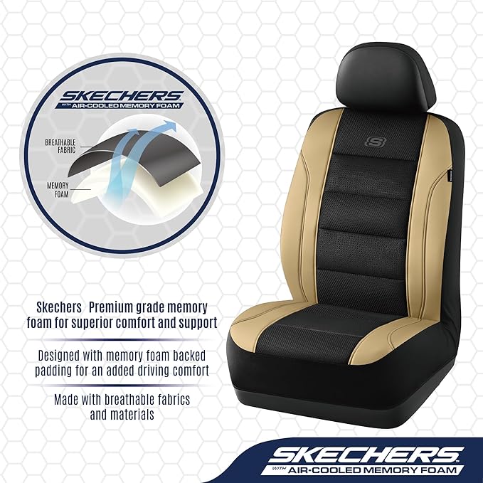 Skechers Men’s Seat Covers, Air-Cooled Memory Foam Car Seat Covers Front Seats, Airbag Compatible,Universal Fit for Most Cars