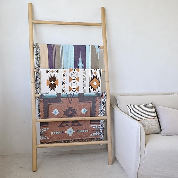 FUIN 6.4ft Extra Wide Wood Blanket Ladder Living Room Decorative Wall Leaning Farmhouse Quilt Display Holder Rustic Wooden To