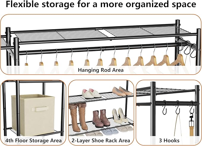 Wardrobe Closet,Portable Clothes Rack with 4 Tiers Shelves,Freestanding Closet Organizers and Storage System with Hanging Rod