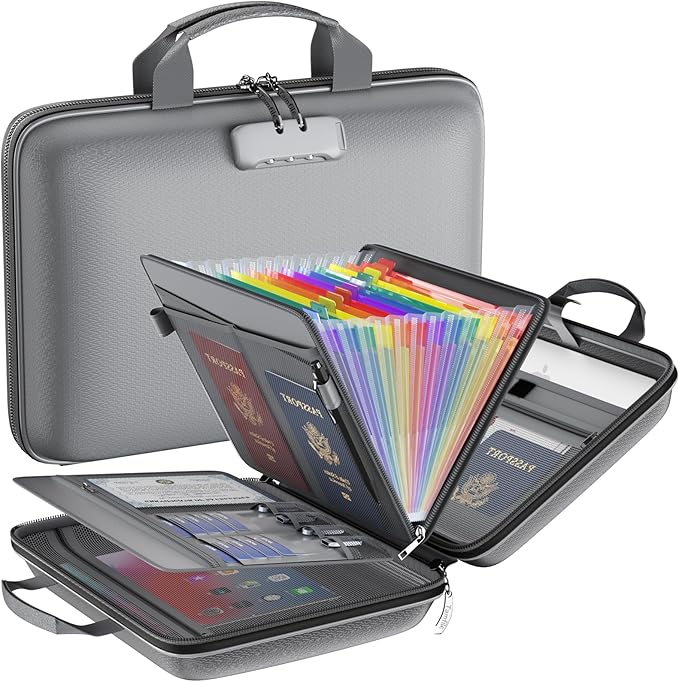 Fireproof File Organizer with Lock, Hard Case Fireproof Document Box with 13 Colorful Pockets Accordion File Folder, Importan