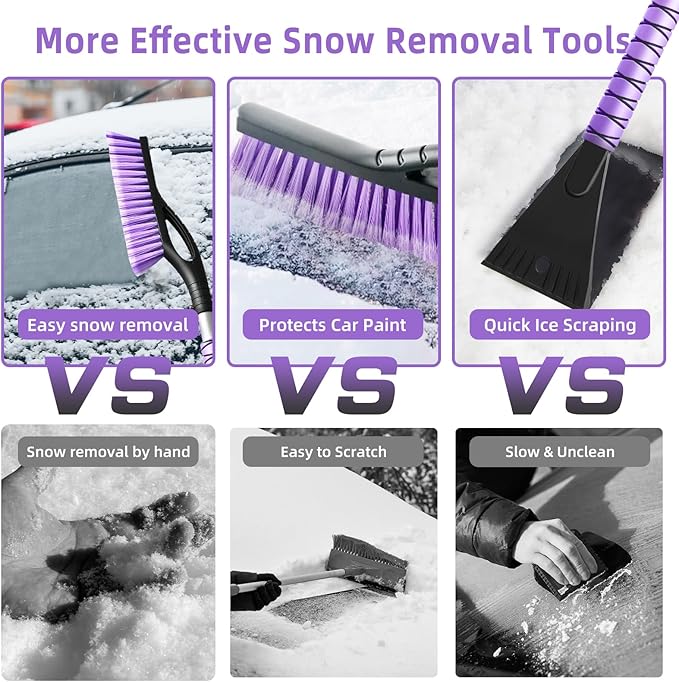 27” Snow Brush and Detachable Ice Scraper for Car Windshield, Car Snow Scraper and Brush Set, Ergonomic Foam Grip,Suitable for Cars SUVs and Trucks Vehicle(Aluminum Structure, PVC Brush, Purple 2 PC)
