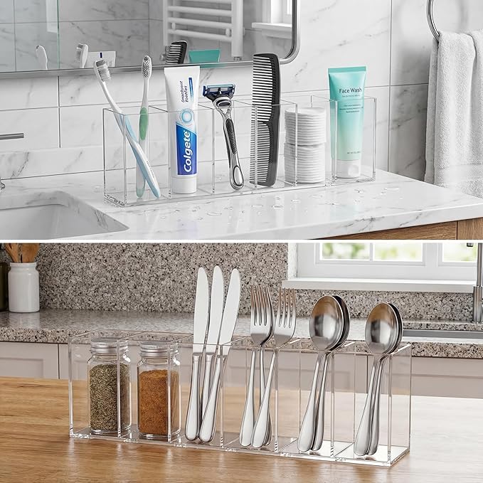 Jetec Acrylic Pen Holder 6 Compartments Makeup Brush Stationery Organizer Pencil Holder for Desk Accessories, Cosmetic Brushe