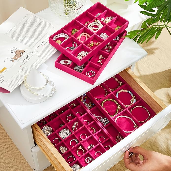 Junkin 12 Pcs Jewelry Tray Velvet Stackable Jewelry Organizer Trays Divided Earring Accessories Storage Containers Box (Rose 
