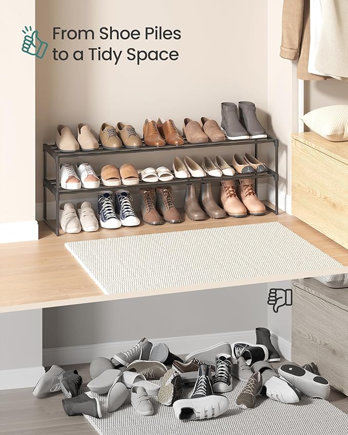 SONGMICS Shoe Rack, 2-Tier Shoe Organizer, Metal Storage Shelf, Upright or Upside Down, for 15-18 Pairs, Stackable, for Entry