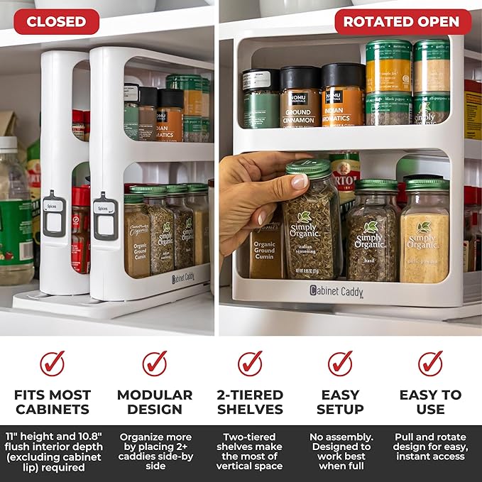 Cabinet Caddy Spice Rack Organizer for Cabinet - Slide & Rotate Kitchen Organizers and Storage - 2 Double-Decker Shelves - No