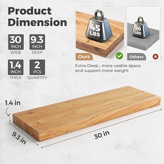 RICHFOCUS Elm Floating Shelves for Wall - 30" W x 9.3" D Rustic Solid Wood Shelves with Invisible Bracket, Wall-Mounted for L