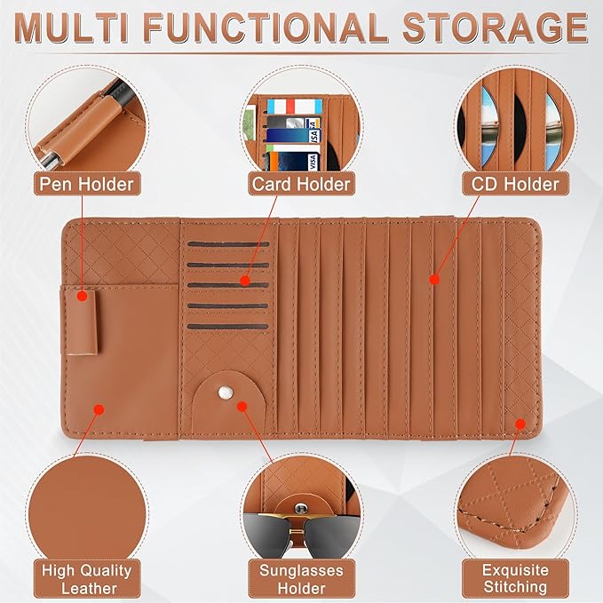 alpmosn Sun Visor CD Case Holder for Car - Multi-Function Visor Organizer with CD/DVD Storage, Eyeglass Clip, Card Slots & Pen Holder, Durable Leather Car Accessories (Orange)