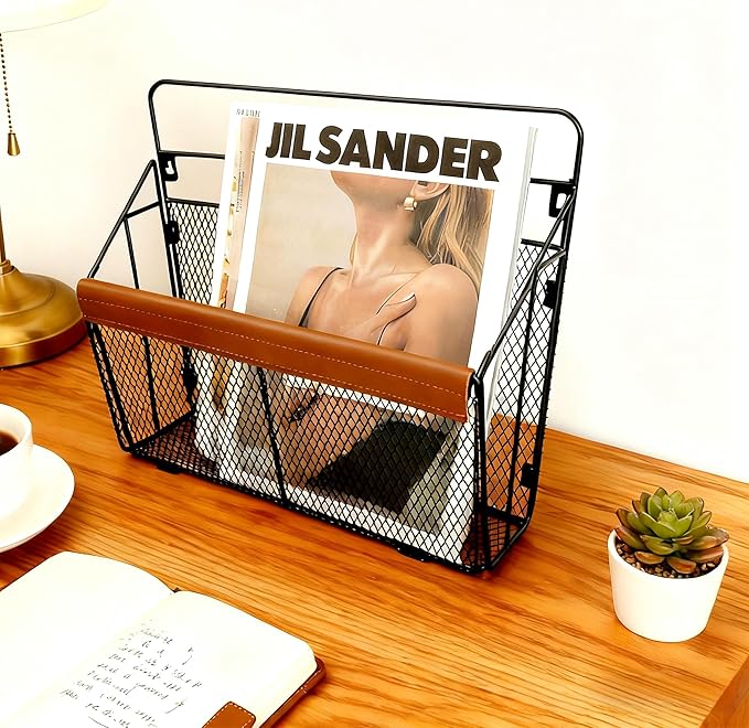 Wall Mounted Magazine Rack with Leather Trim, Decorative Art Wall Magazine Holder, Hanging Paper Organizer, Metal Wire Magazi