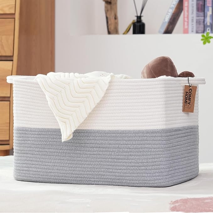 COMFY-HOMI Large Rectangle Laundry Storage Basket | Cotton Rope Woven, Organizing with Handle | Dirty Cloth & Baby Shower Bas