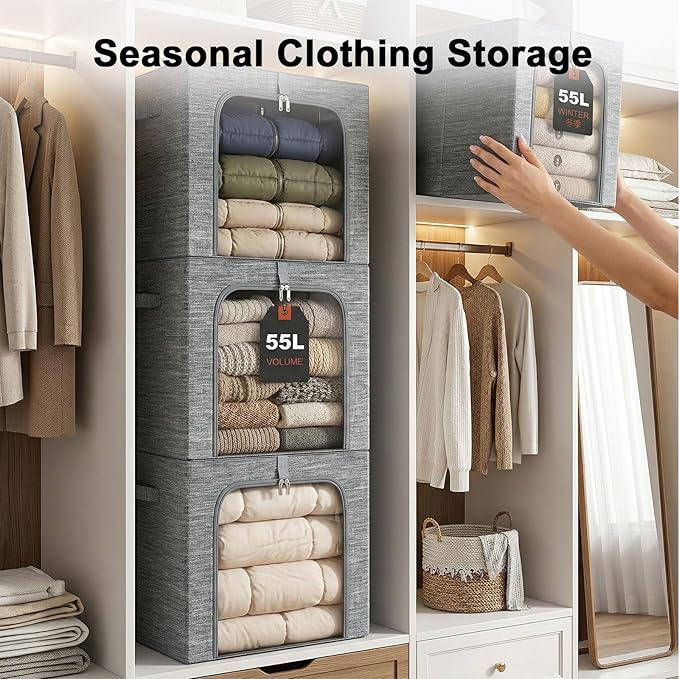 GoMaihe Clothes Storage Bins Metal Frame: 55L Extra Large Stackable Closet Storage Bin with Lid & Clear Window, Heavy Duty Bl