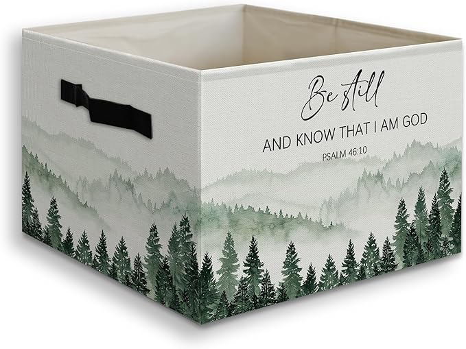 Forest Christian Basket Foldable Storage Bins Box with Handles, Be Still and Know That I Am God Bible Verse Religious Collaps